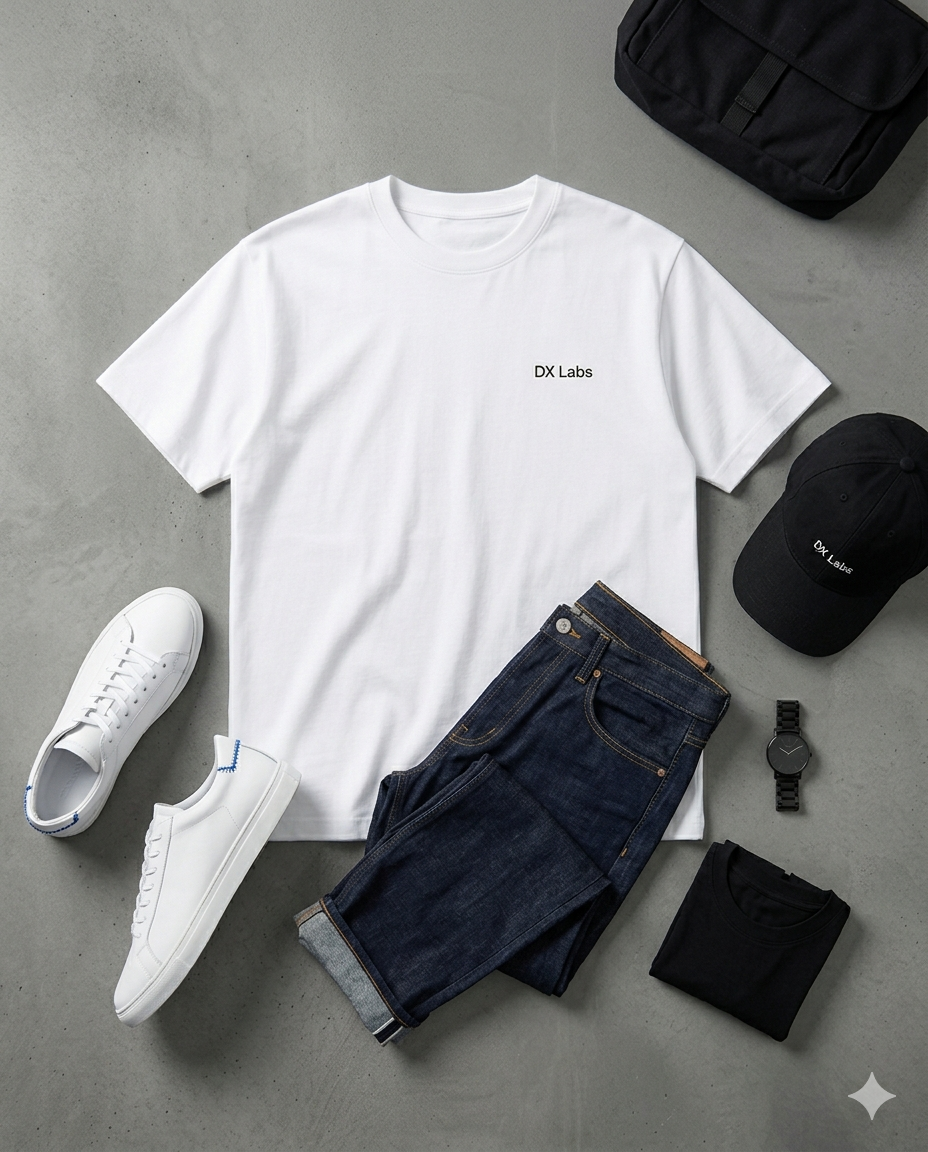 Flat lay outfit with DX Labs white tee, denim pants, sneakers, and accessories.