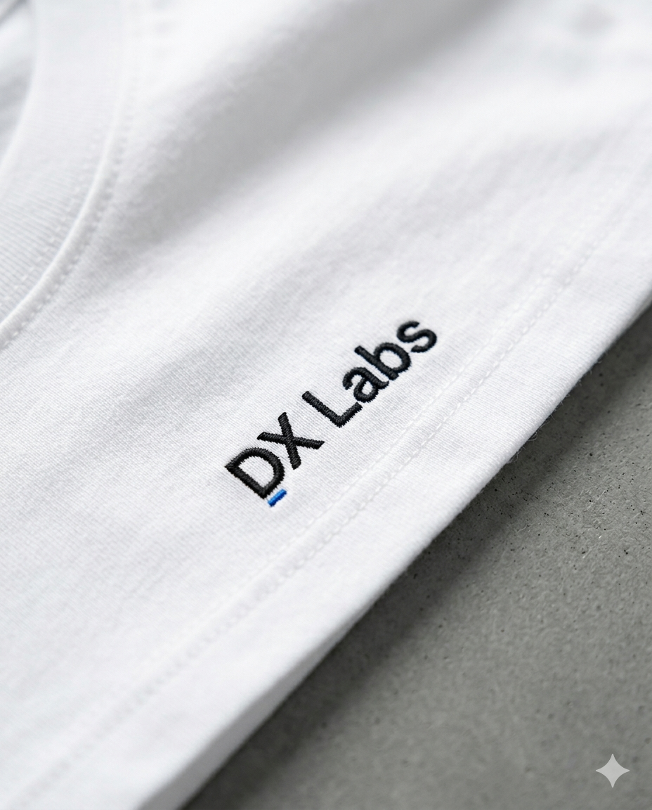 Close-up of DX Labs logo embroidery or screen print detail.