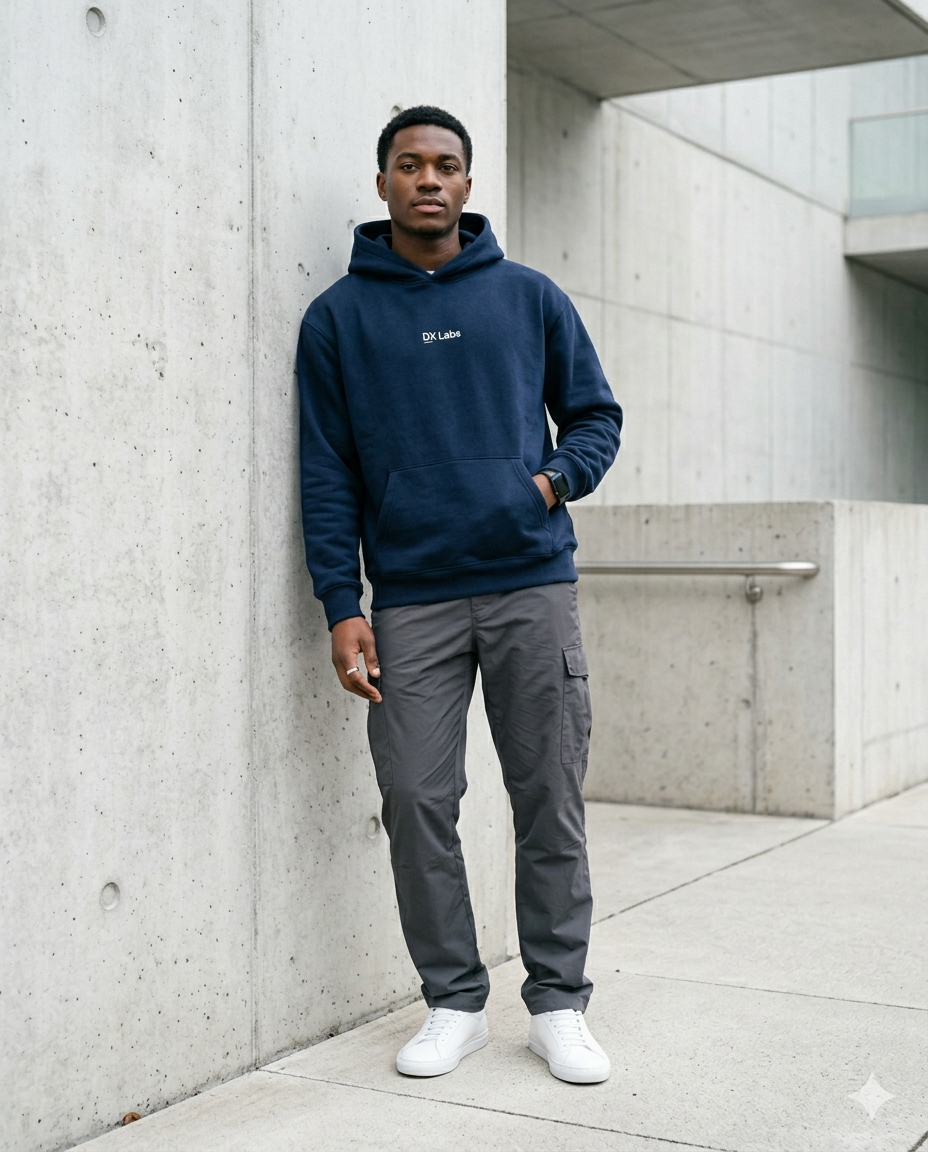 Casual outfit with navy hoodie in neutral tone background.