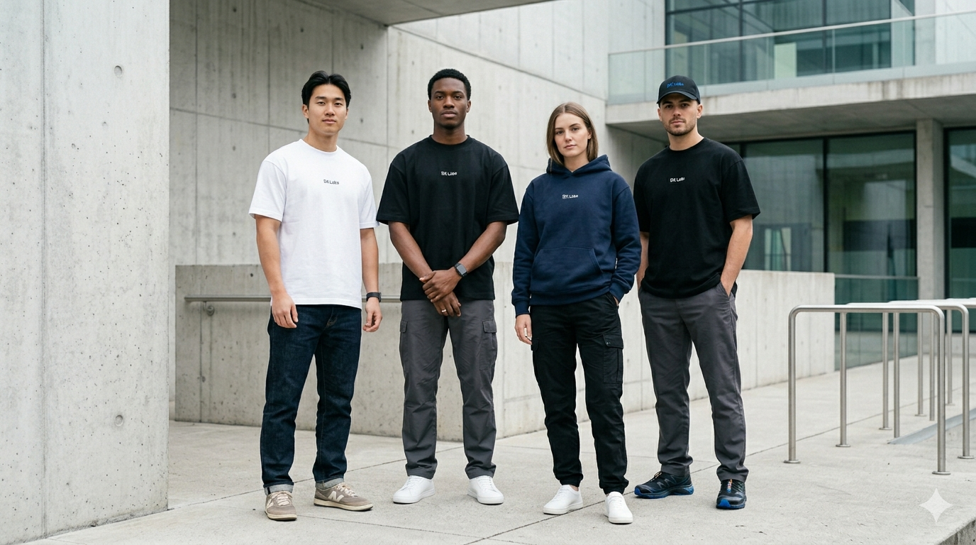 Group of models wearing DX Labs collection in clean urban environment.