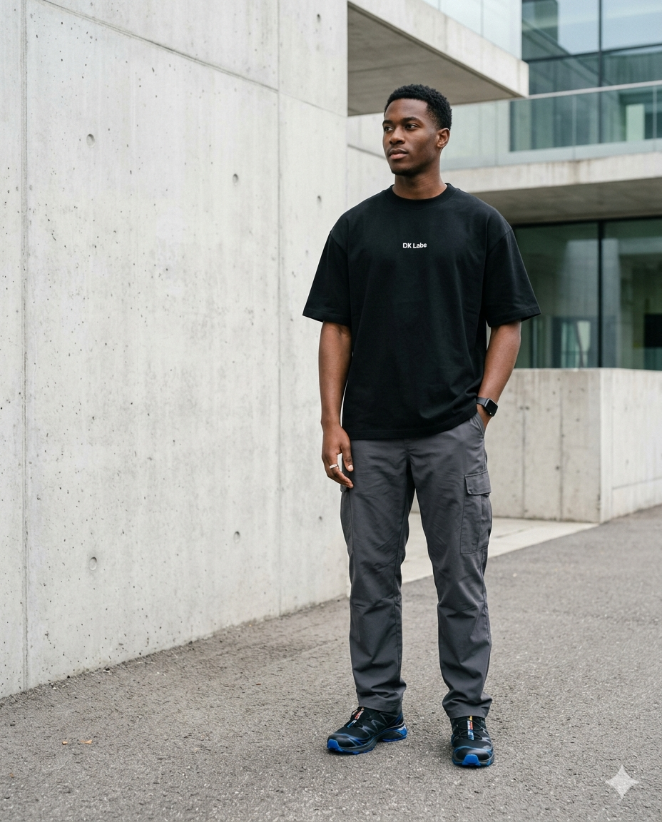 Model wearing oversized black t-shirt with minimalist DX Labs logo in a clean urban background.