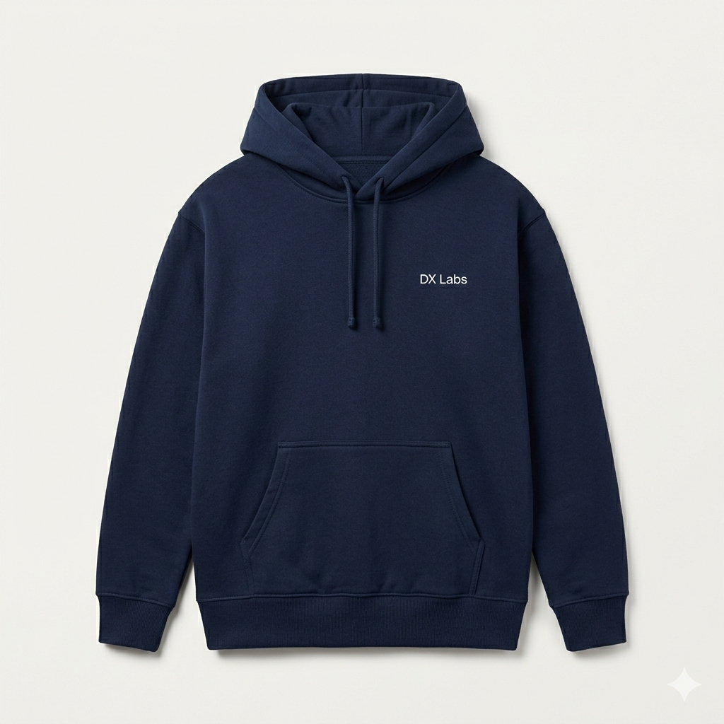 DX Labs Navy Hoodie with minimalist streetwear design.